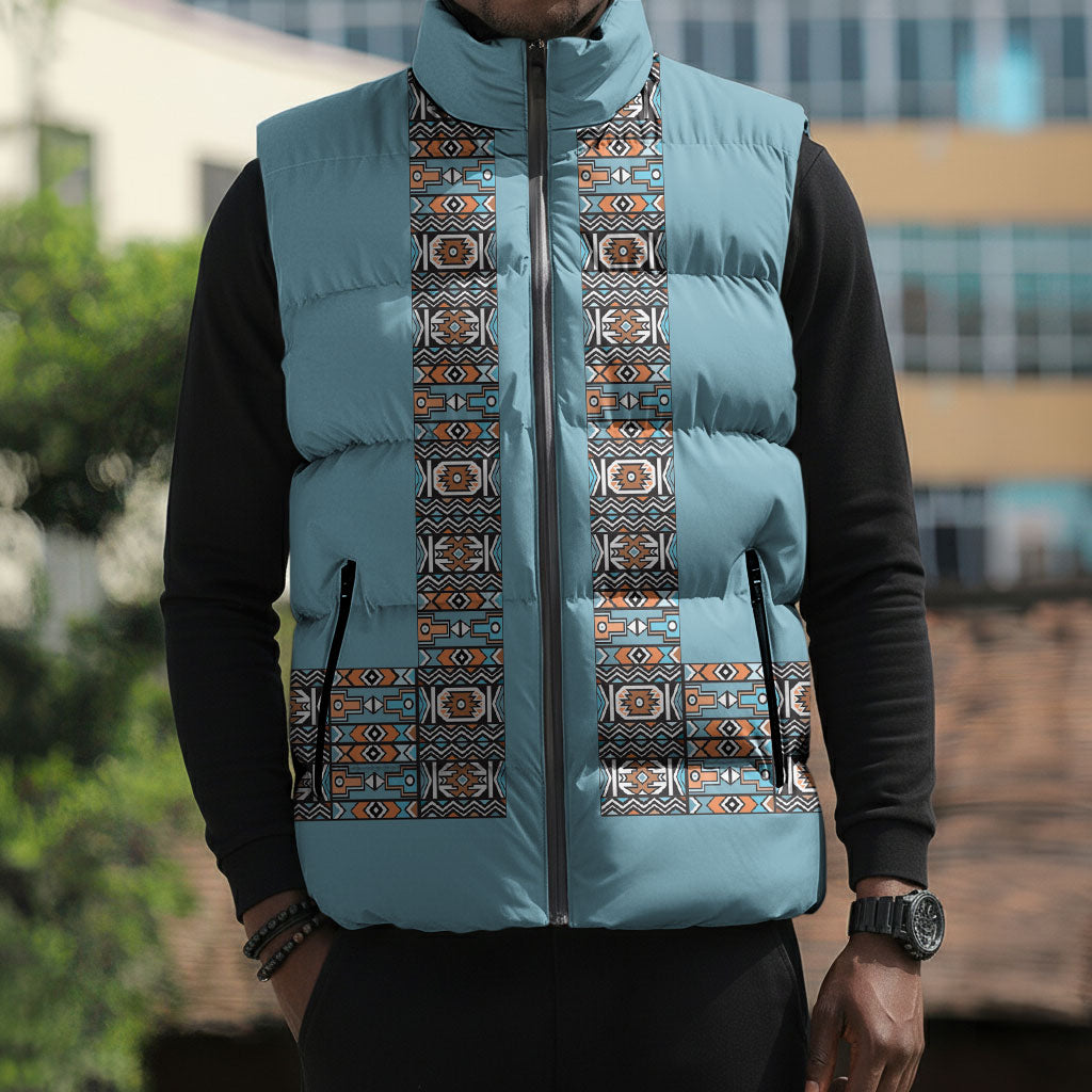 African Ndebele Traditional Attire Sleeveless Puffer Jacket Blue Ndebele Stripe
