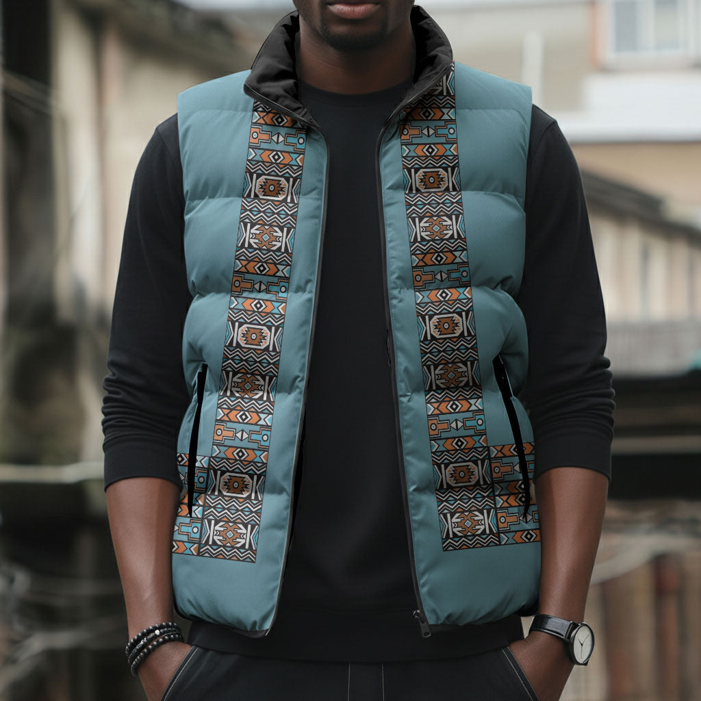 African Ndebele Traditional Attire Sleeveless Puffer Jacket Blue Ndebele Stripe