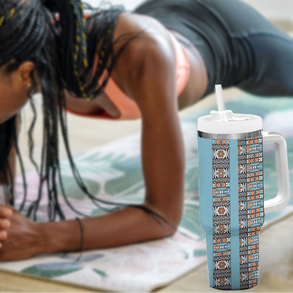 African Ndebele Traditional Attire Tumbler With Handle Blue Ndebele Stripe
