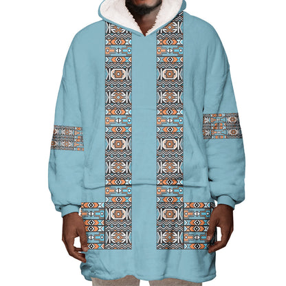 African Ndebele Traditional Attire Wearable Blanket Hoodie Blue Ndebele Stripe