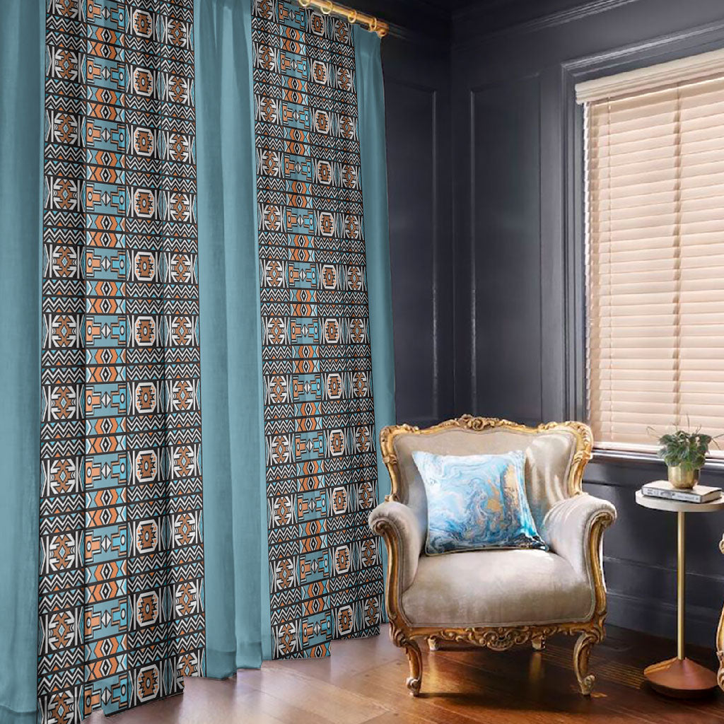 African Ndebele Traditional Attire Window Curtain Blue Ndebele Stripe