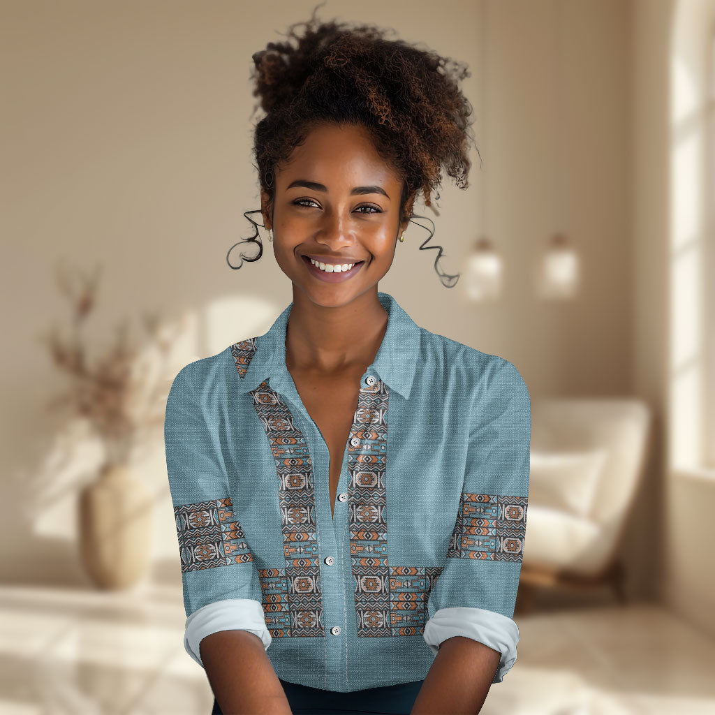African Ndebele Traditional Attire Women Casual Shirt Blue Ndebele Stripe