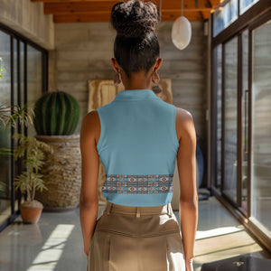 African Ndebele Traditional Attire Women Sleeveless Polo Shirt Blue Ndebele Stripe