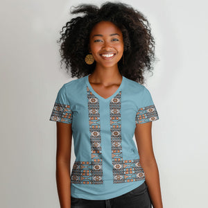 African Ndebele Traditional Attire Women V-Neck T-Shirt Blue Ndebele Stripe