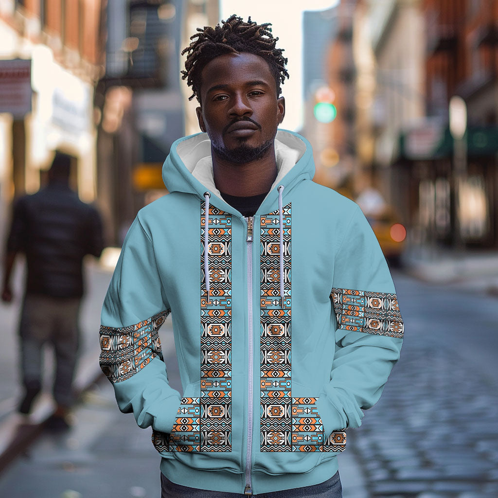 African Ndebele Traditional Attire Zip Hoodie Blue Ndebele Stripe