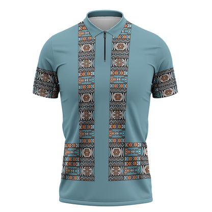 African Ndebele Traditional Attire Zipper Polo Shirt Blue Ndebele Stripe