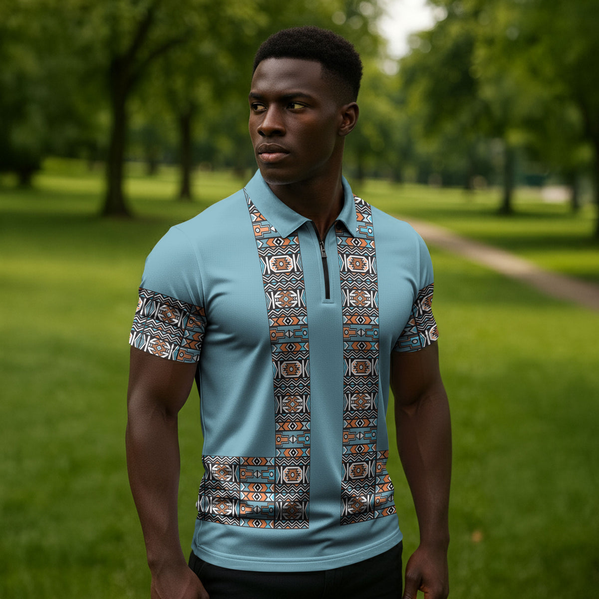 African Ndebele Traditional Attire Zipper Polo Shirt Blue Ndebele Stripe