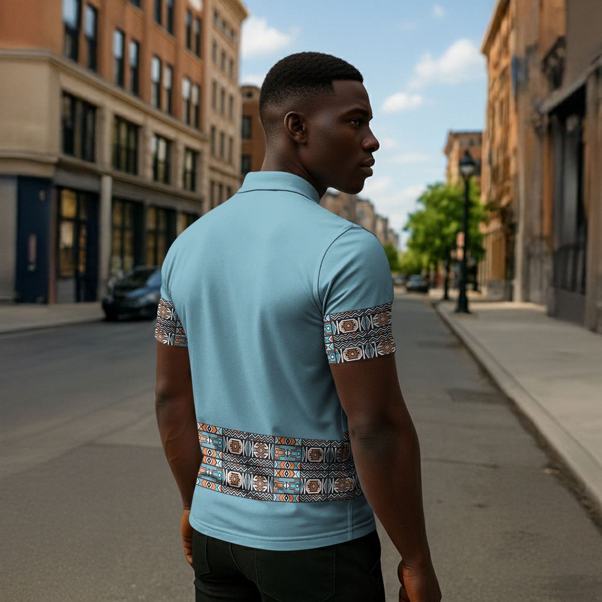 African Ndebele Traditional Attire Zipper Polo Shirt Blue Ndebele Stripe