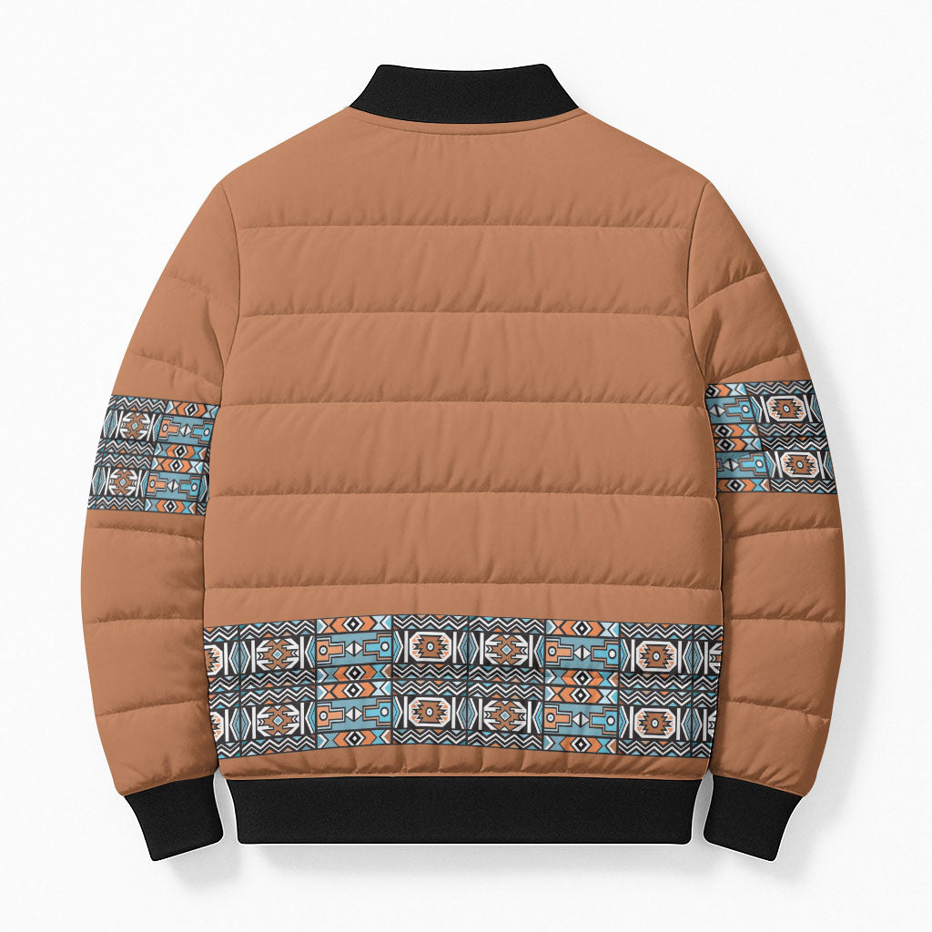 African Ndebele Traditional Attire Bomber Puffer Jacket Brown Ndebele Stripe