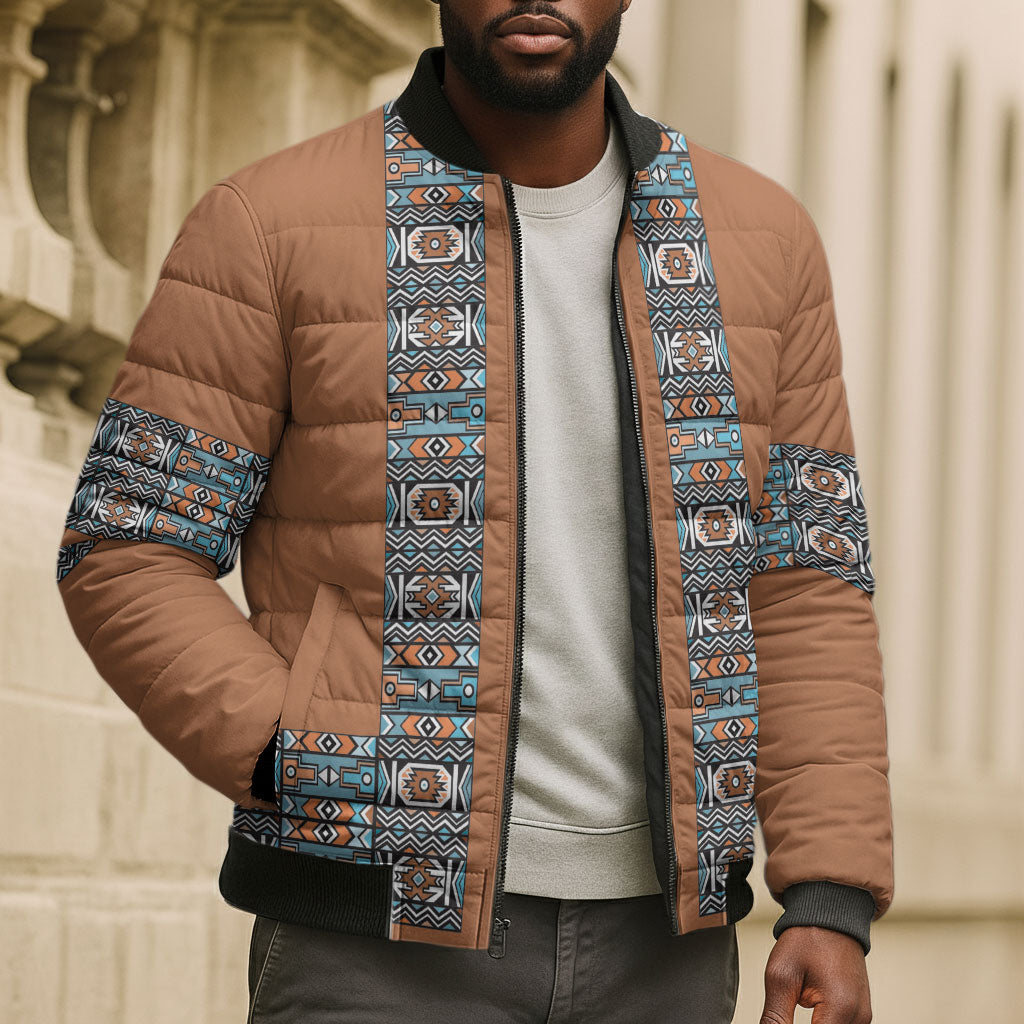 African Ndebele Traditional Attire Bomber Puffer Jacket Brown Ndebele Stripe
