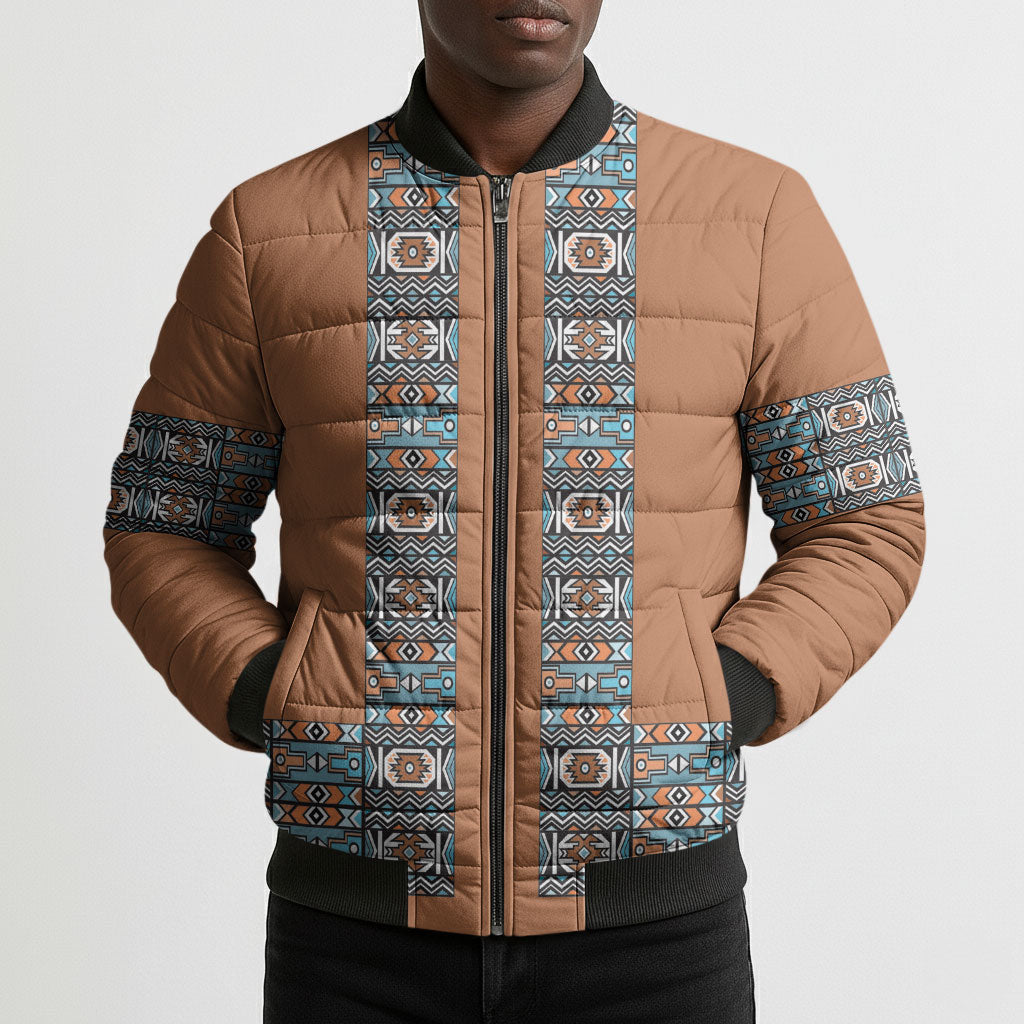 African Ndebele Traditional Attire Bomber Puffer Jacket Brown Ndebele Stripe