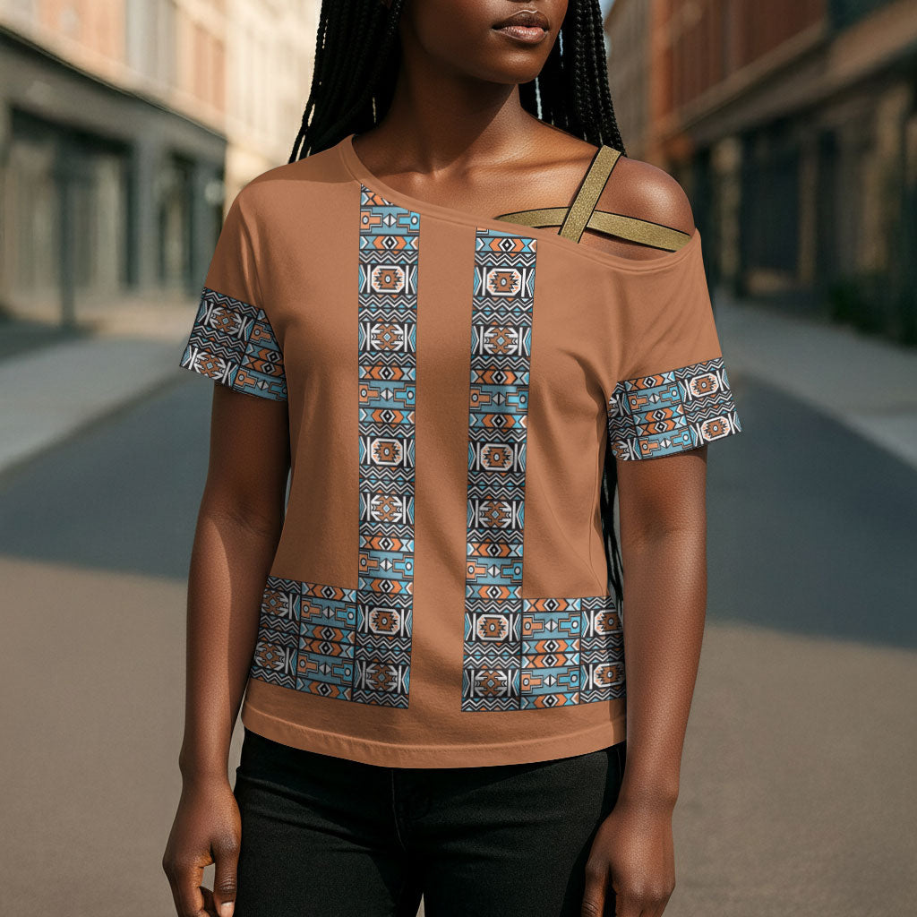 African Ndebele Traditional Attire Cross Shoulder Shirt Brown Ndebele Stripe