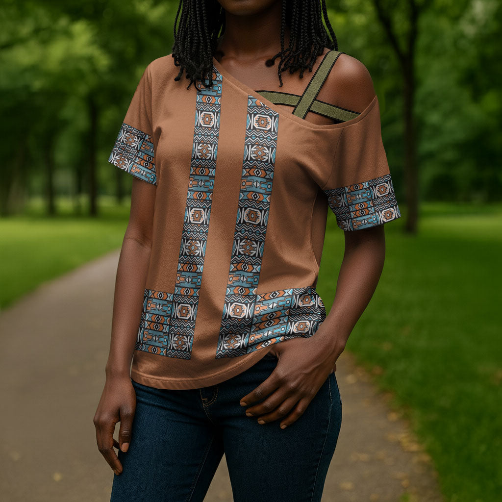African Ndebele Traditional Attire Cross Shoulder Shirt Brown Ndebele Stripe
