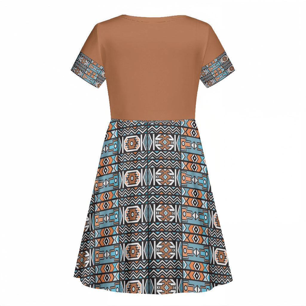 African Ndebele Traditional Attire Kid Short Sleeve Dress Brown Ndebele Stripe