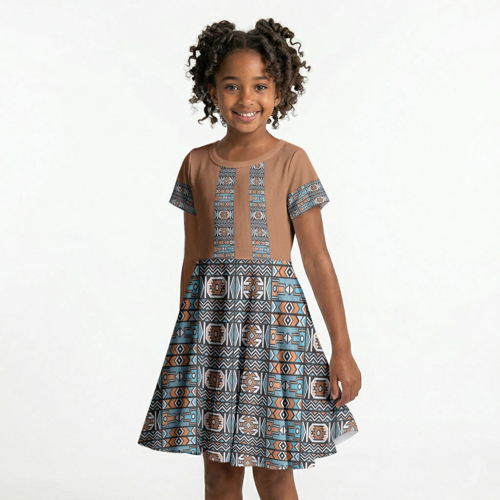 African Ndebele Traditional Attire Kid Short Sleeve Dress Brown Ndebele Stripe