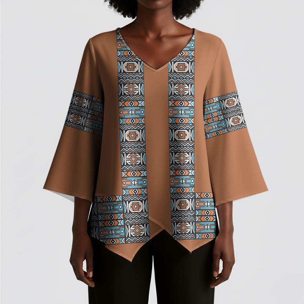 African Ndebele Traditional Attire Kimono Sleeve Blouse Brown Ndebele Stripe