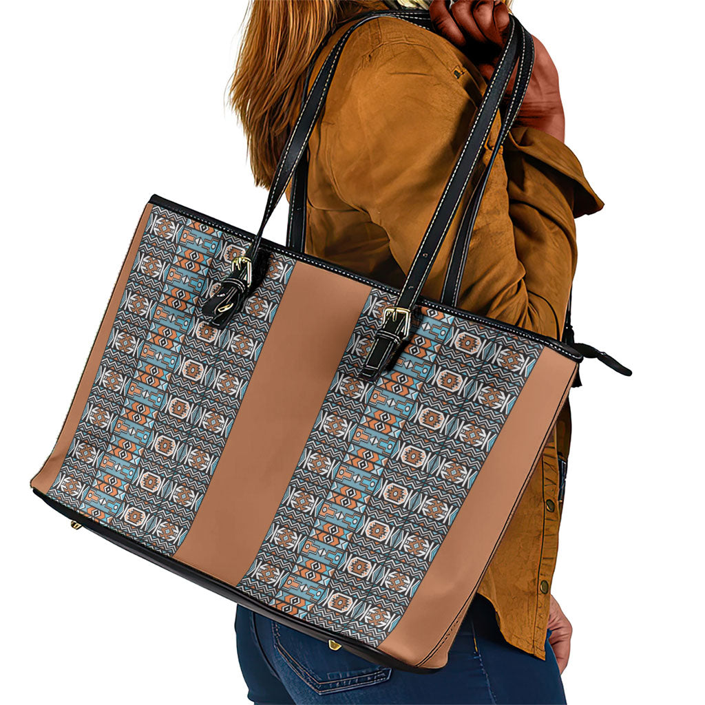 African Ndebele Traditional Attire Leather Tote Bag Brown Ndebele Stripe