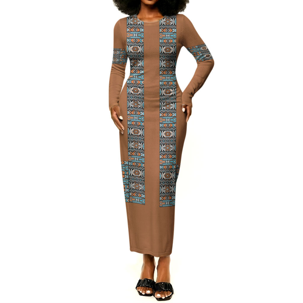 African Ndebele Traditional Attire Long Sleeve Bodycon Dress Brown Ndebele Stripe