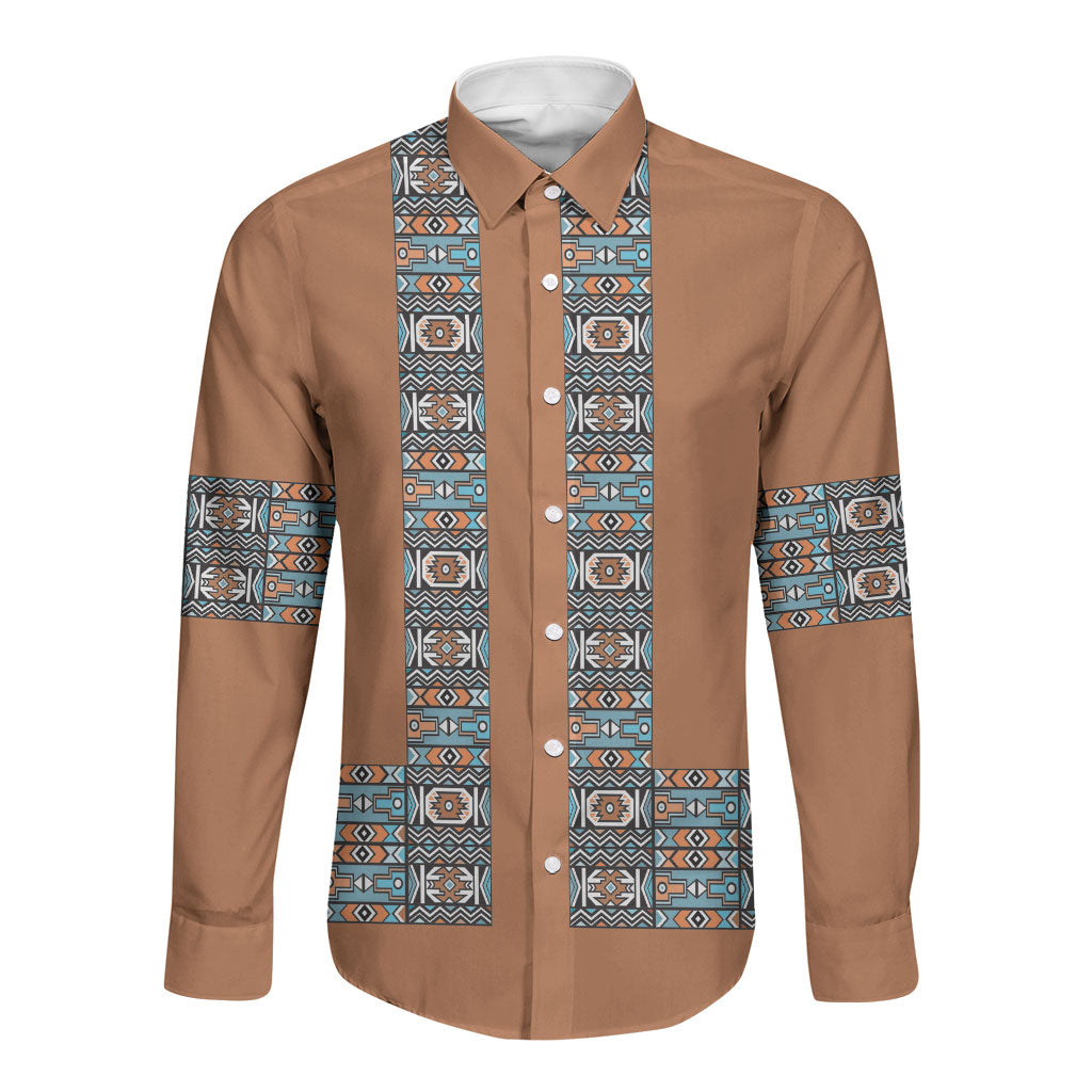 African Ndebele Traditional Attire Long Sleeve Button Shirt Brown Ndebele Stripe
