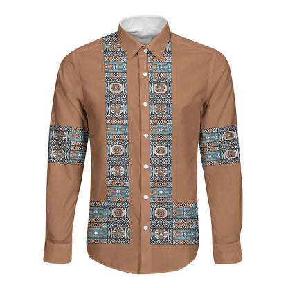 African Ndebele Traditional Attire Long Sleeve Button Shirt Brown Ndebele Stripe