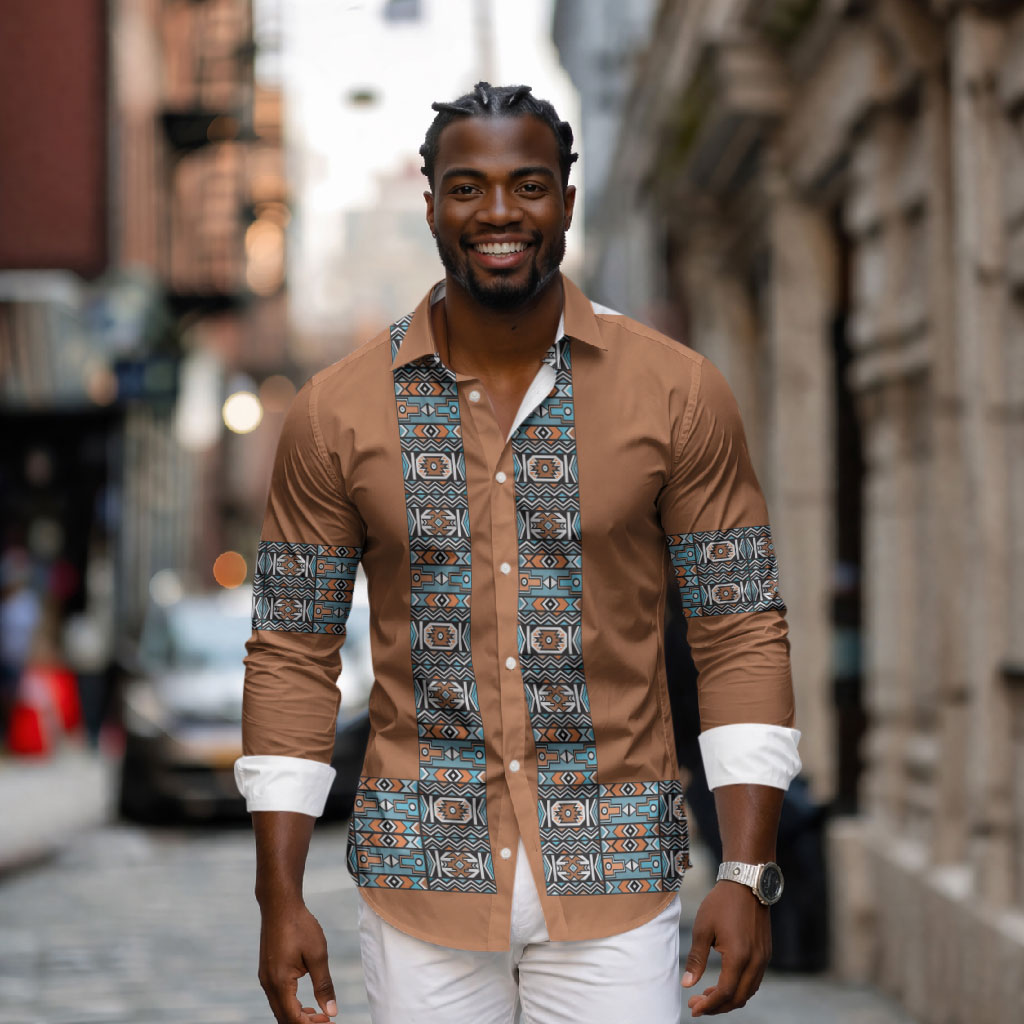 African Ndebele Traditional Attire Long Sleeve Button Shirt Brown Ndebele Stripe