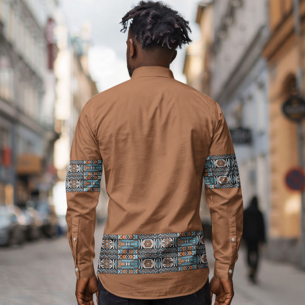 African Ndebele Traditional Attire Long Sleeve Button Shirt Brown Ndebele Stripe