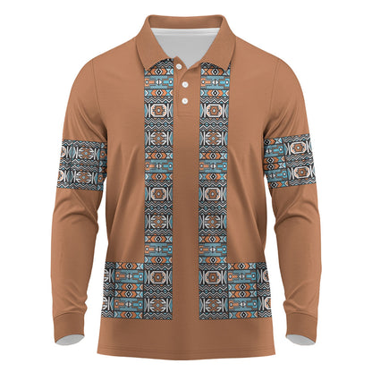 African Ndebele Traditional Attire Long Sleeve Polo Shirt Brown Ndebele Stripe