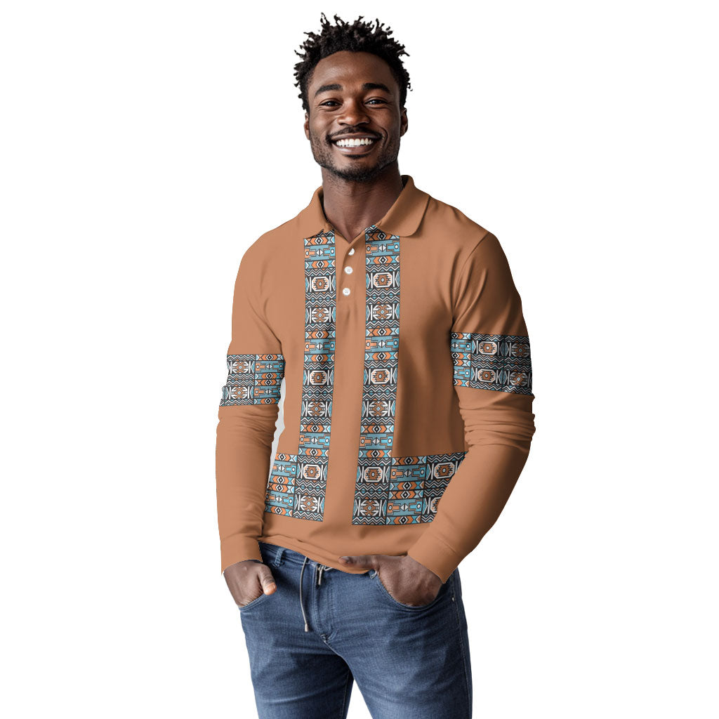 African Ndebele Traditional Attire Long Sleeve Polo Shirt Brown Ndebele Stripe