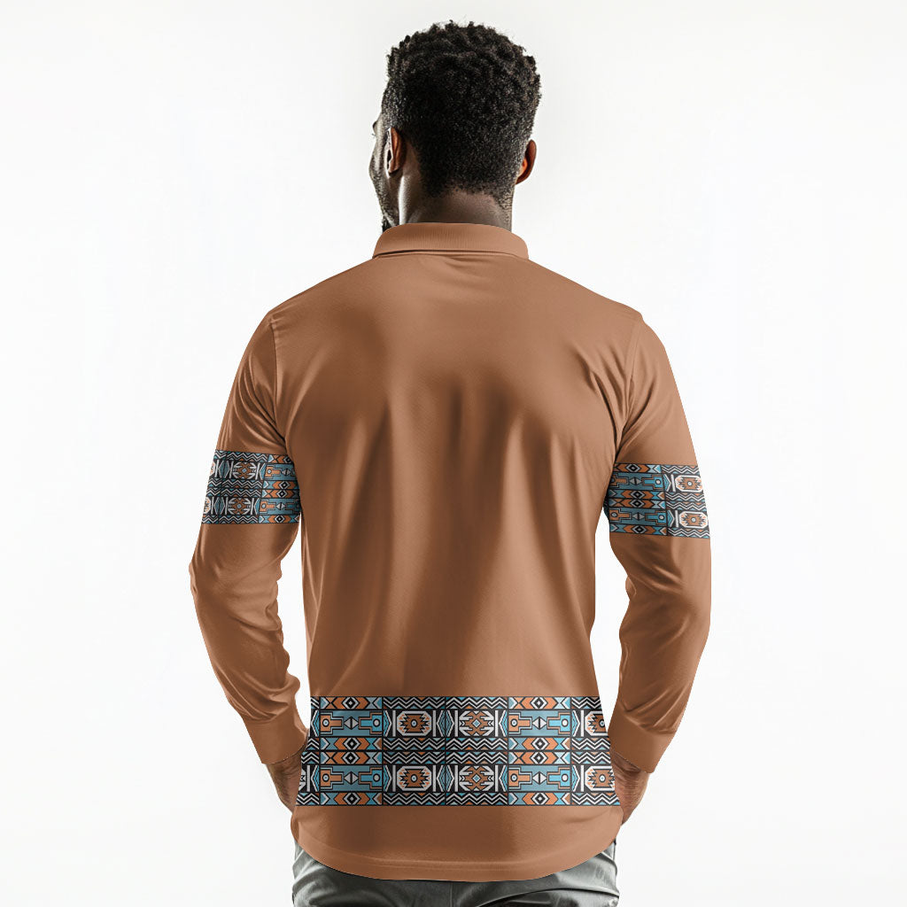 African Ndebele Traditional Attire Long Sleeve Polo Shirt Brown Ndebele Stripe
