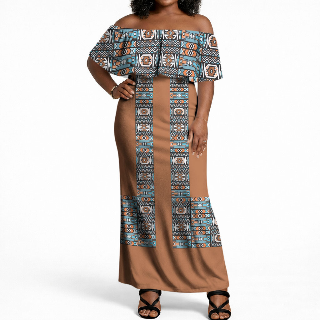 African Ndebele Traditional Attire Off Shoulder Maxi Dress Brown Ndebele Stripe