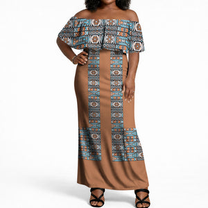 African Ndebele Traditional Attire Off Shoulder Maxi Dress Brown Ndebele Stripe
