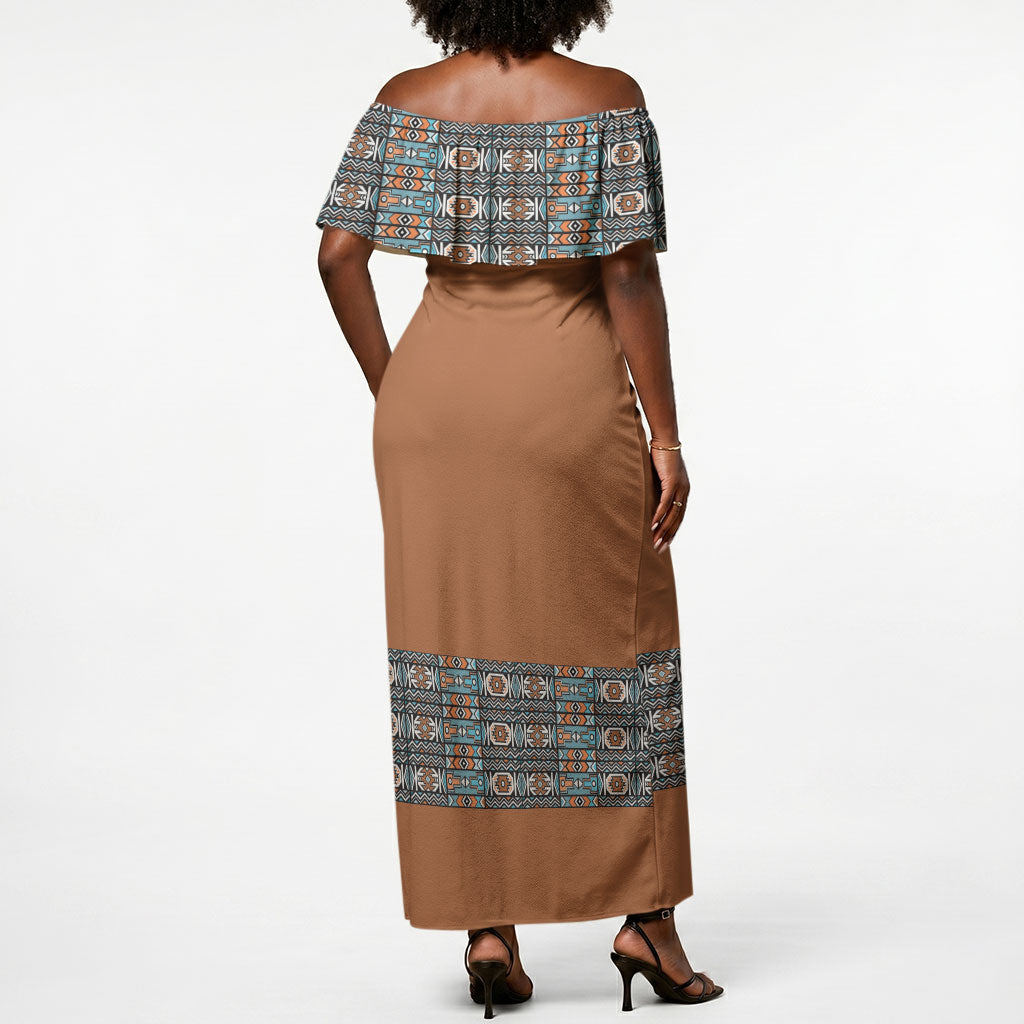 African Ndebele Traditional Attire Off Shoulder Maxi Dress Brown Ndebele Stripe