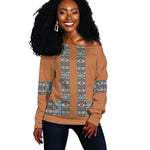African Ndebele Traditional Attire Off Shoulder Sweater Brown Ndebele Stripe