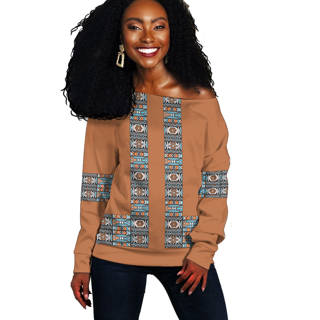 African Ndebele Traditional Attire Off Shoulder Sweater Brown Ndebele Stripe
