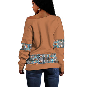 African Ndebele Traditional Attire Off Shoulder Sweater Brown Ndebele Stripe