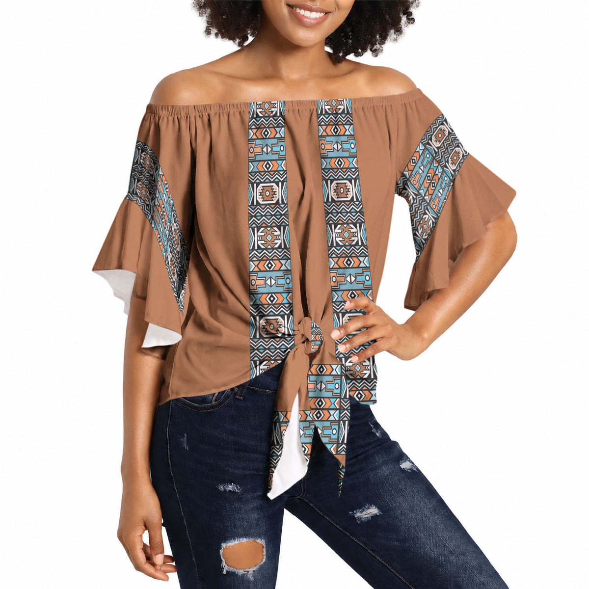 African Ndebele Traditional Attire Off Shoulder Wrap Waist Top Brown Ndebele Stripe