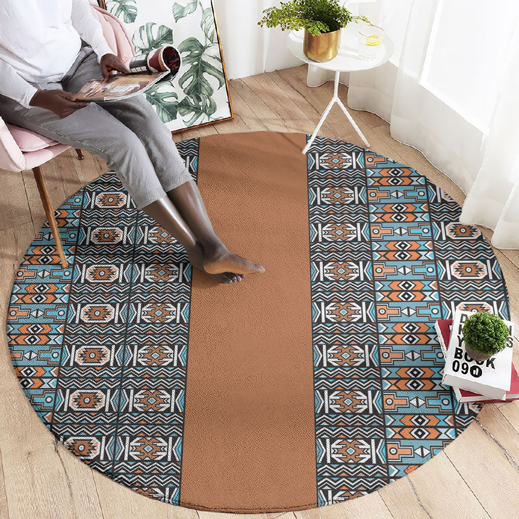 African Ndebele Traditional Attire Round Carpet Brown Ndebele Stripe