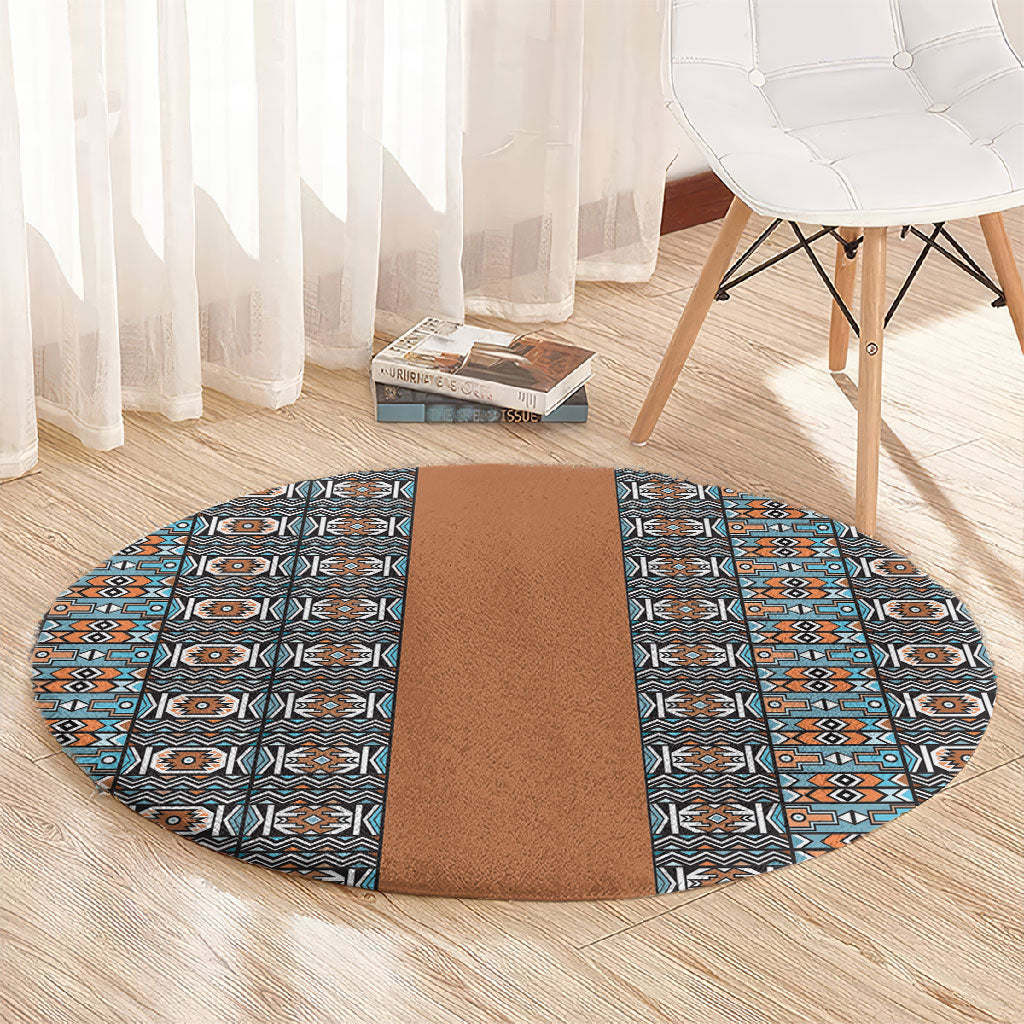 African Ndebele Traditional Attire Round Carpet Brown Ndebele Stripe