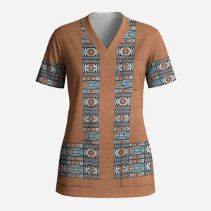 African Ndebele Traditional Attire Scrub Top Brown Ndebele Stripe