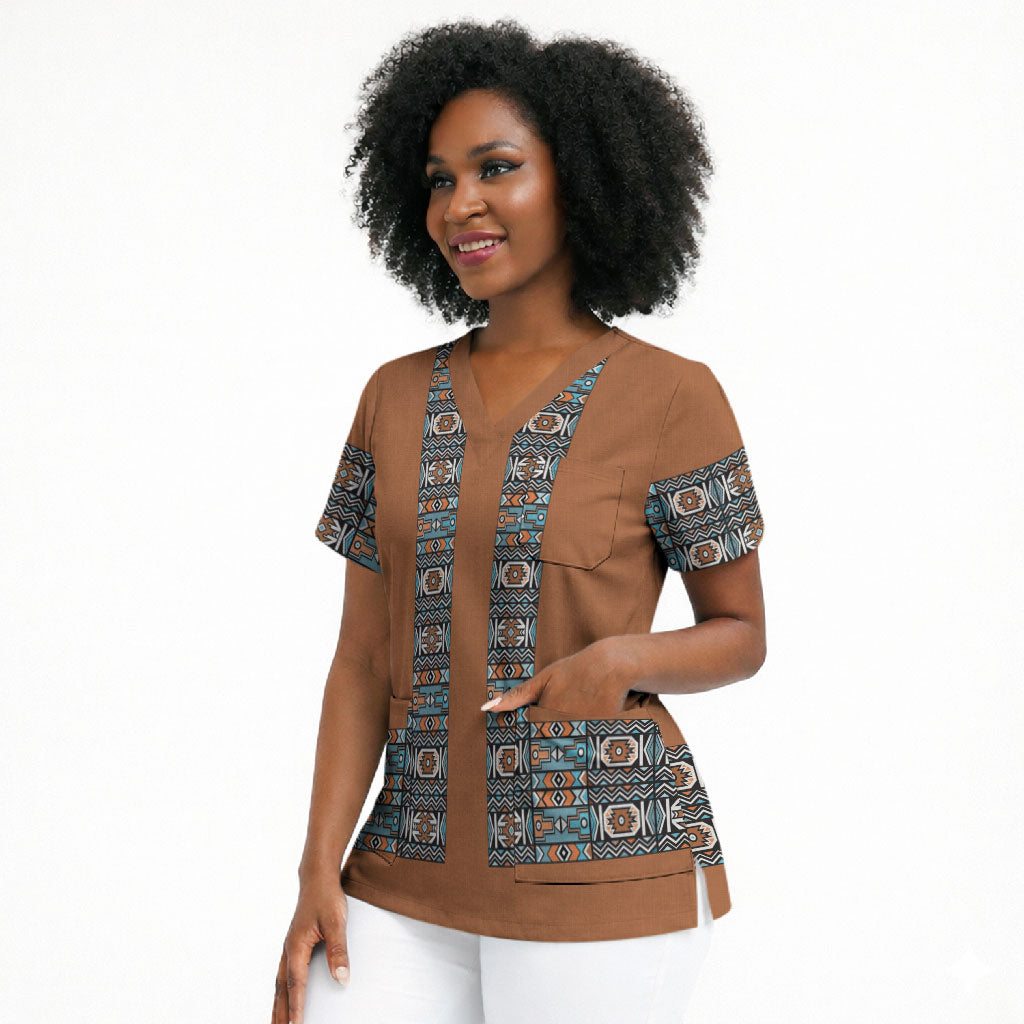 African Ndebele Traditional Attire Scrub Top Brown Ndebele Stripe