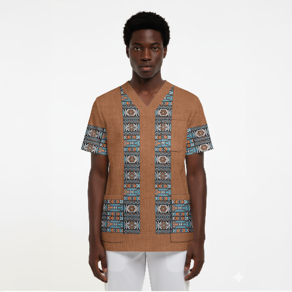 African Ndebele Traditional Attire Scrub Top Brown Ndebele Stripe