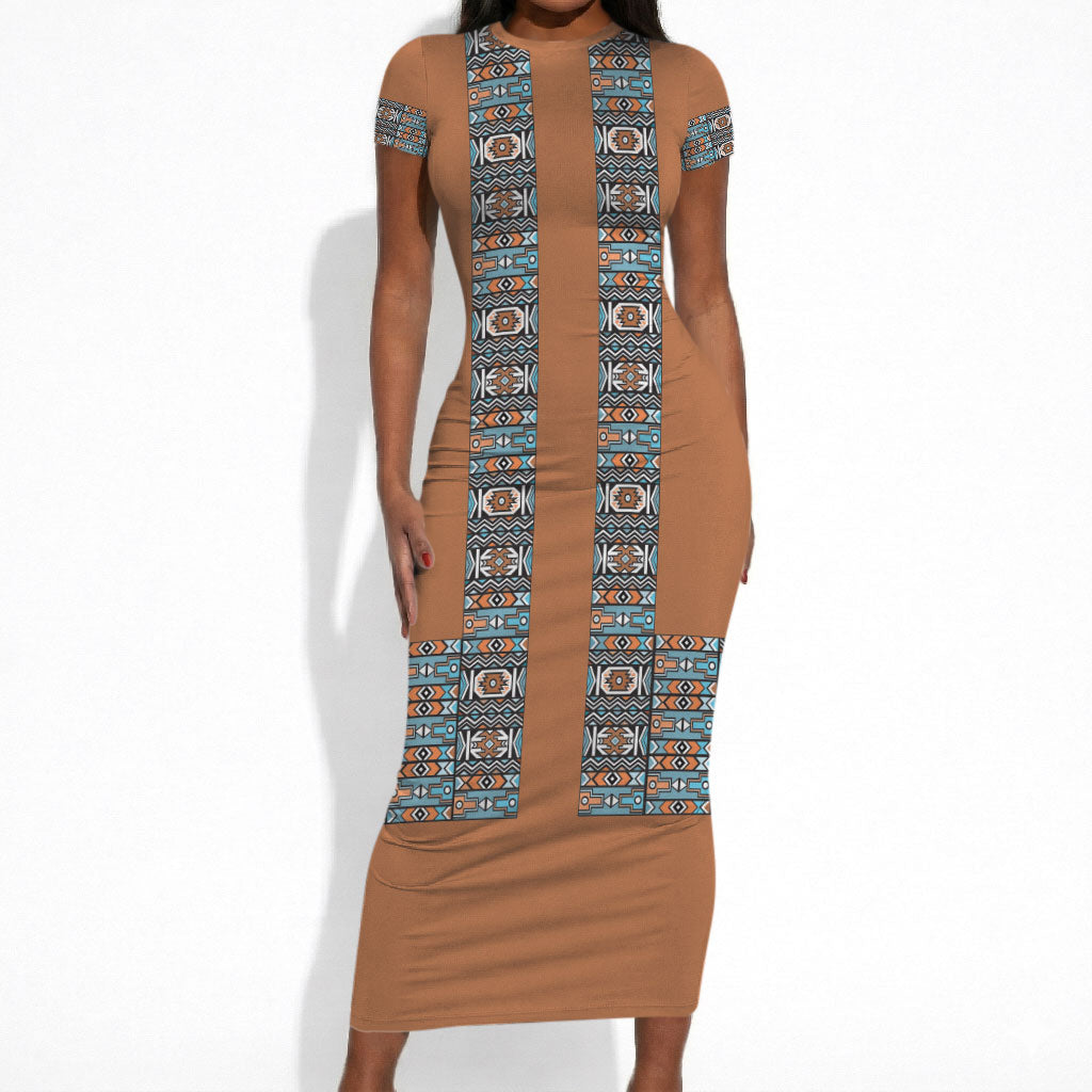 African Ndebele Traditional Attire Short Sleeve Bodycon Dress Brown Ndebele Stripe