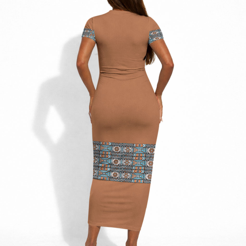 African Ndebele Traditional Attire Short Sleeve Bodycon Dress Brown Ndebele Stripe