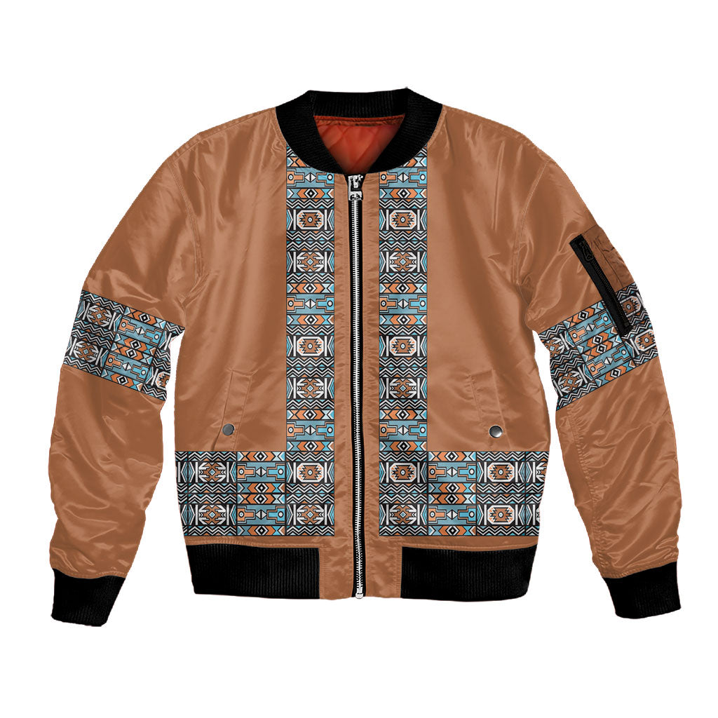 African Ndebele Traditional Attire Sleeve Zip Bomber Jacket Brown Ndebele Stripe