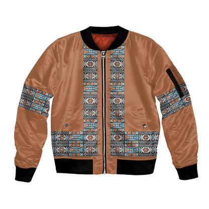 African Ndebele Traditional Attire Sleeve Zip Bomber Jacket Brown Ndebele Stripe