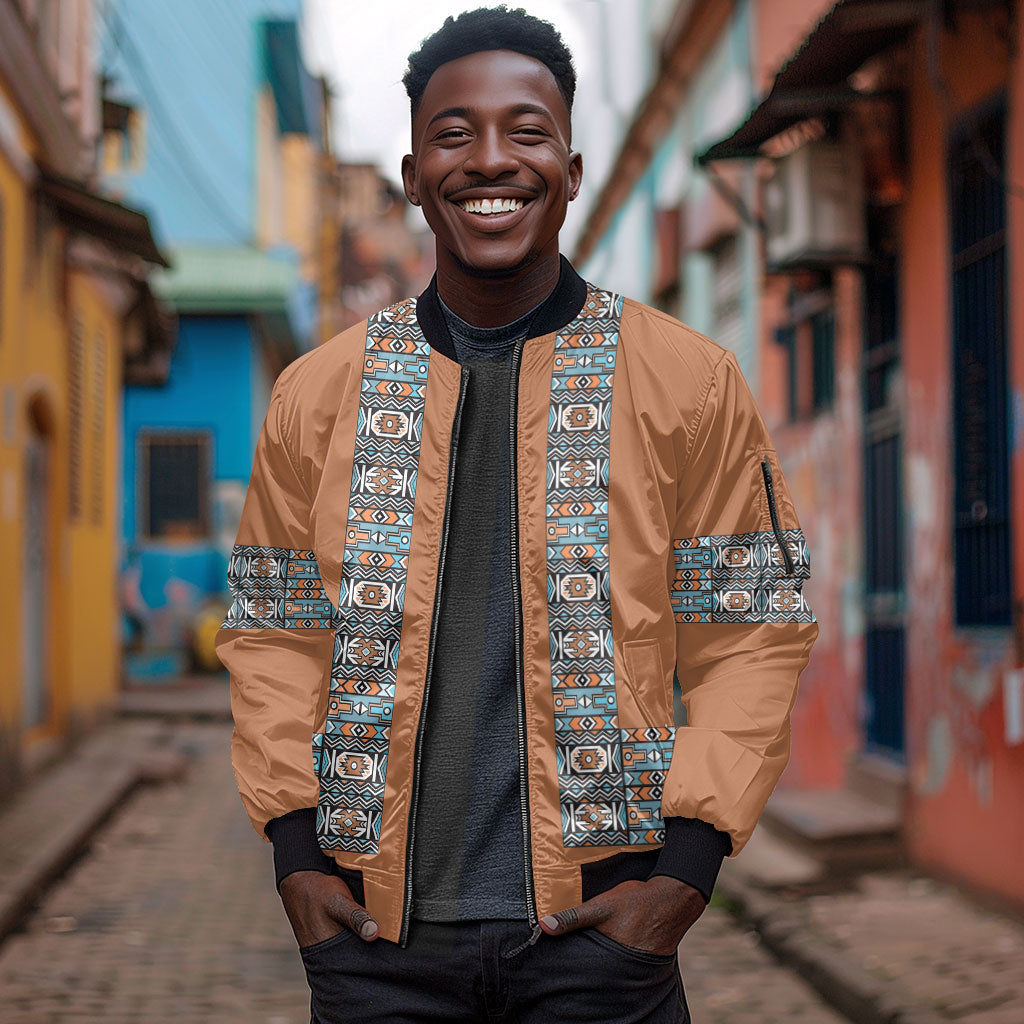 African Ndebele Traditional Attire Sleeve Zip Bomber Jacket Brown Ndebele Stripe