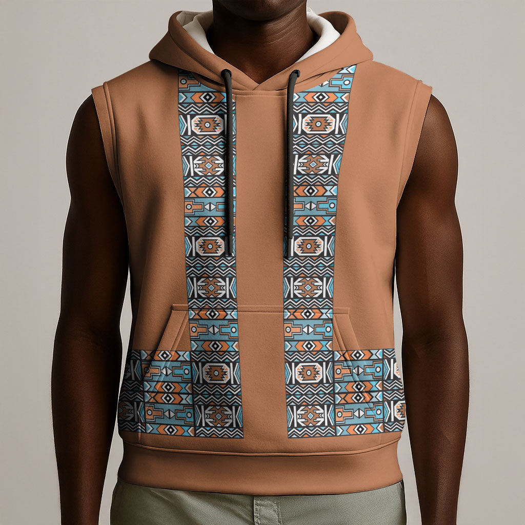 African Ndebele Traditional Attire Sleeveless Hoodie Brown Ndebele Stripe