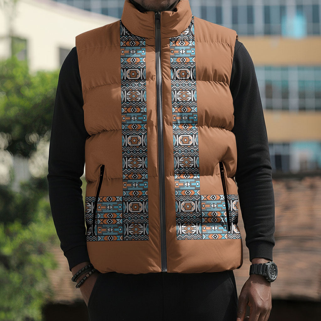 African Ndebele Traditional Attire Sleeveless Puffer Jacket Brown Ndebele Stripe