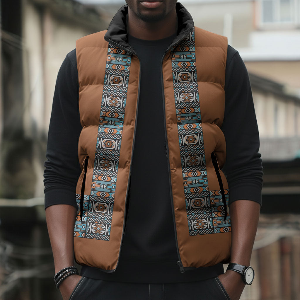 African Ndebele Traditional Attire Sleeveless Puffer Jacket Brown Ndebele Stripe
