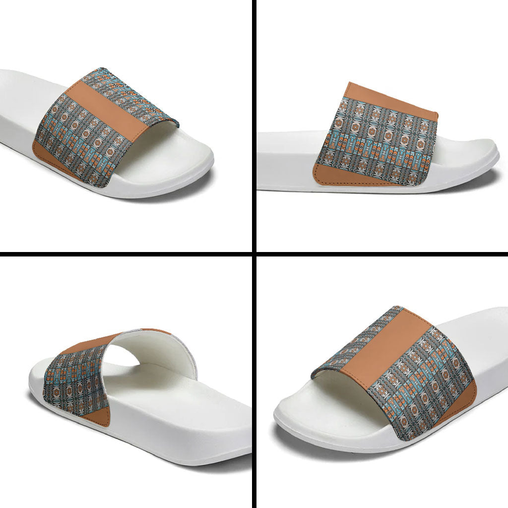 African Ndebele Traditional Attire Slide Sandals Brown Ndebele Stripe